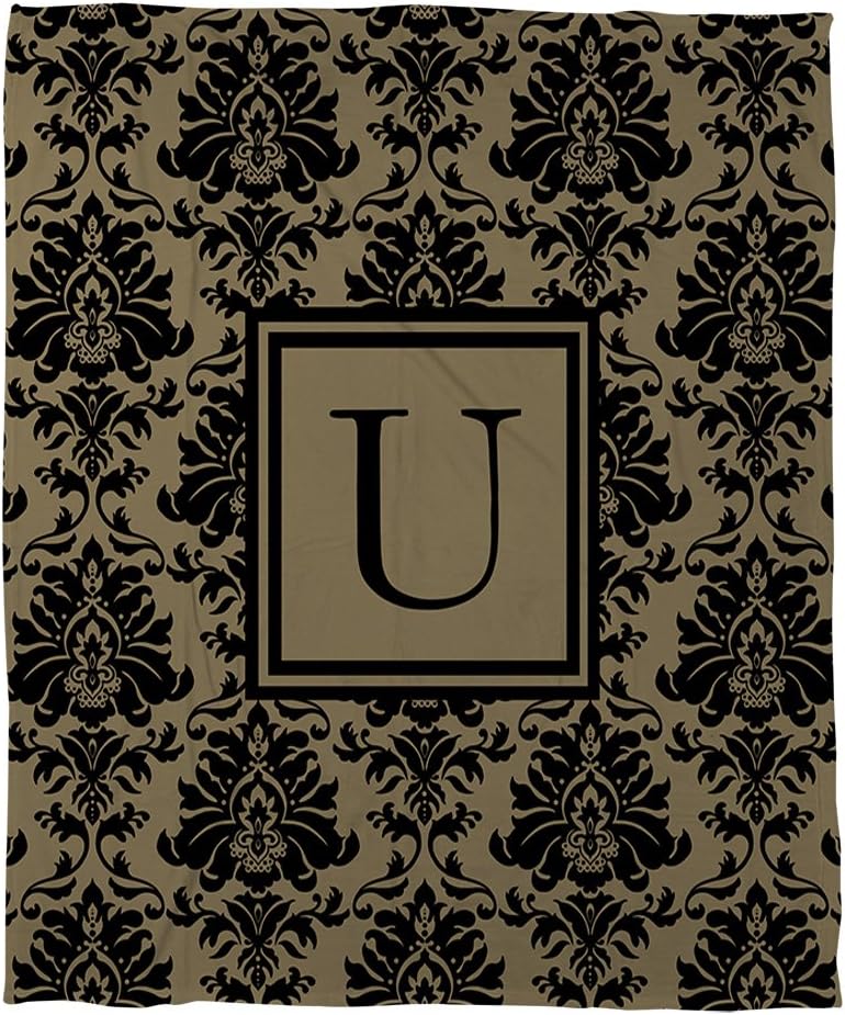 Manual Woodworkers & Weavers Coral Fleece Throw, 30 by 40-Inch, Monogrammed Letter U, Black and Gold Damask