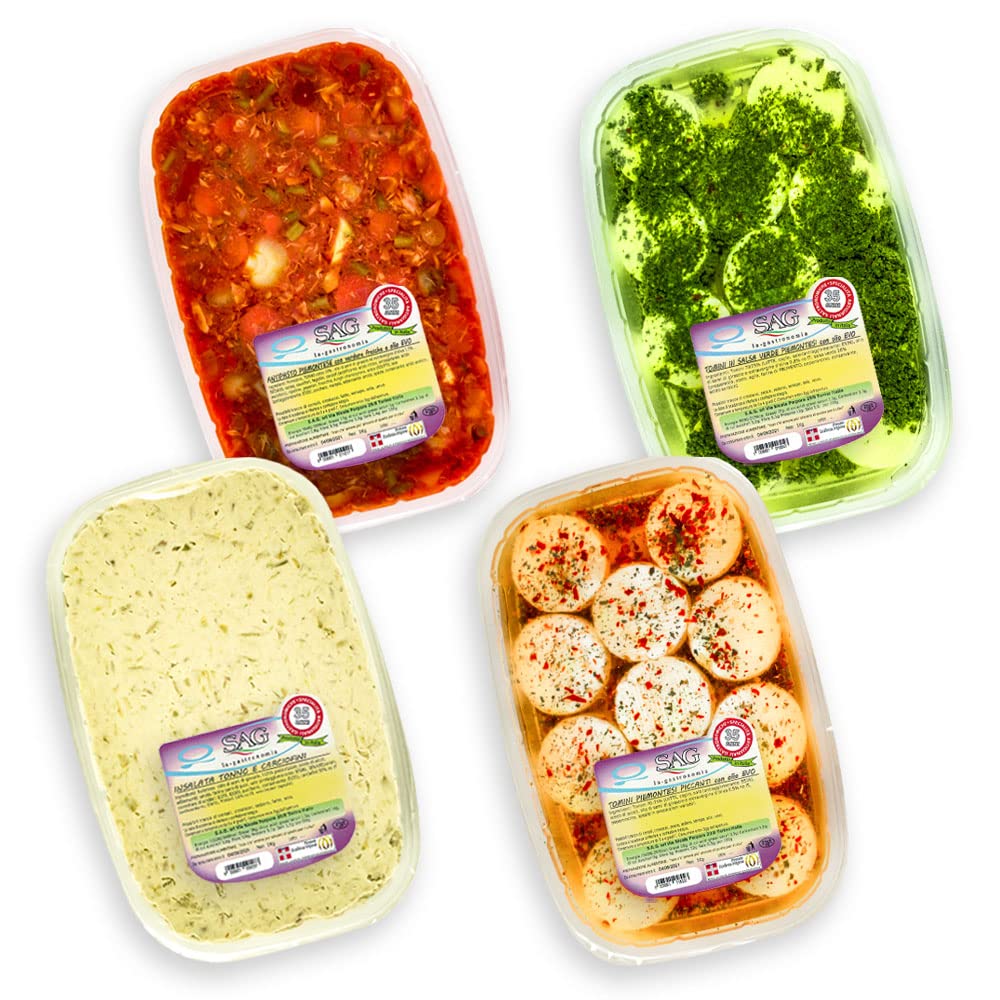Cesto specialità gastronomiche piemontesi con antipasto piemontese, insalata tonno e carciofi, tomini verdi e piccanti (Confezione 4 pz. da Kg) – SAG