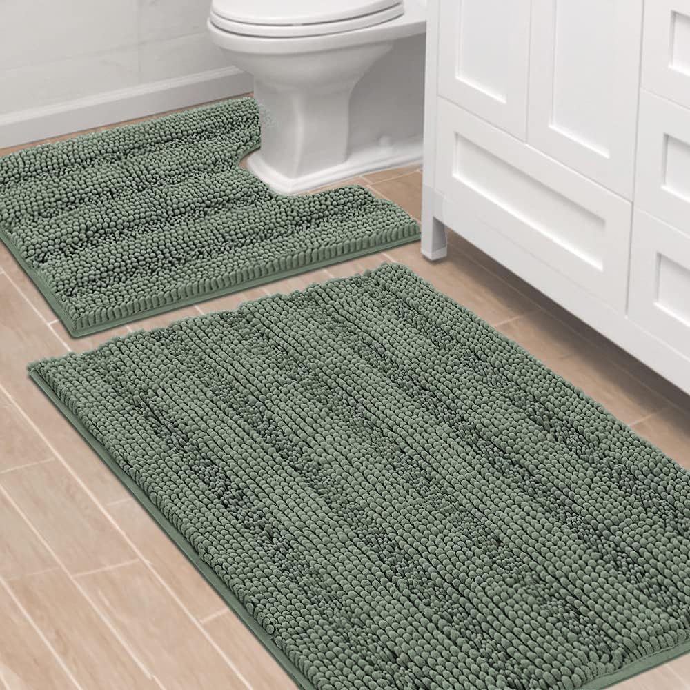 H.VERSAILTEX Bathroom Rugs Bath Rug Set 2 Piece Bathroom Contour Rug Toilet Mat Non Slip Contour Bath Rug Ultra Thick Water Absorbent Striped Bath