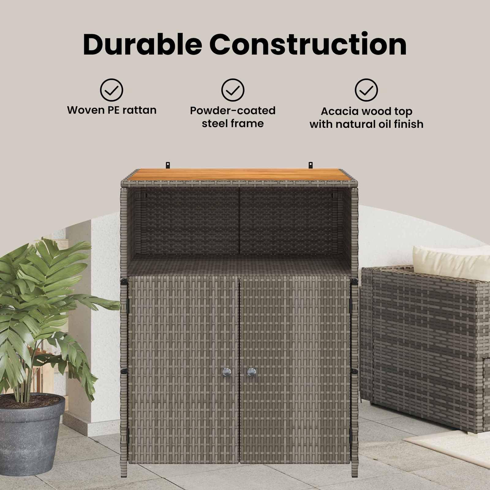 vidaXL Armadietto Grigio 70 x 50 x 87 cm Poliestere e Rattan Roly, Scaffale da Giardino e Terrazzo, Armadietto Rettangolare, Legno e Rattan Resistente, Leggero e Pratico per Esterni
