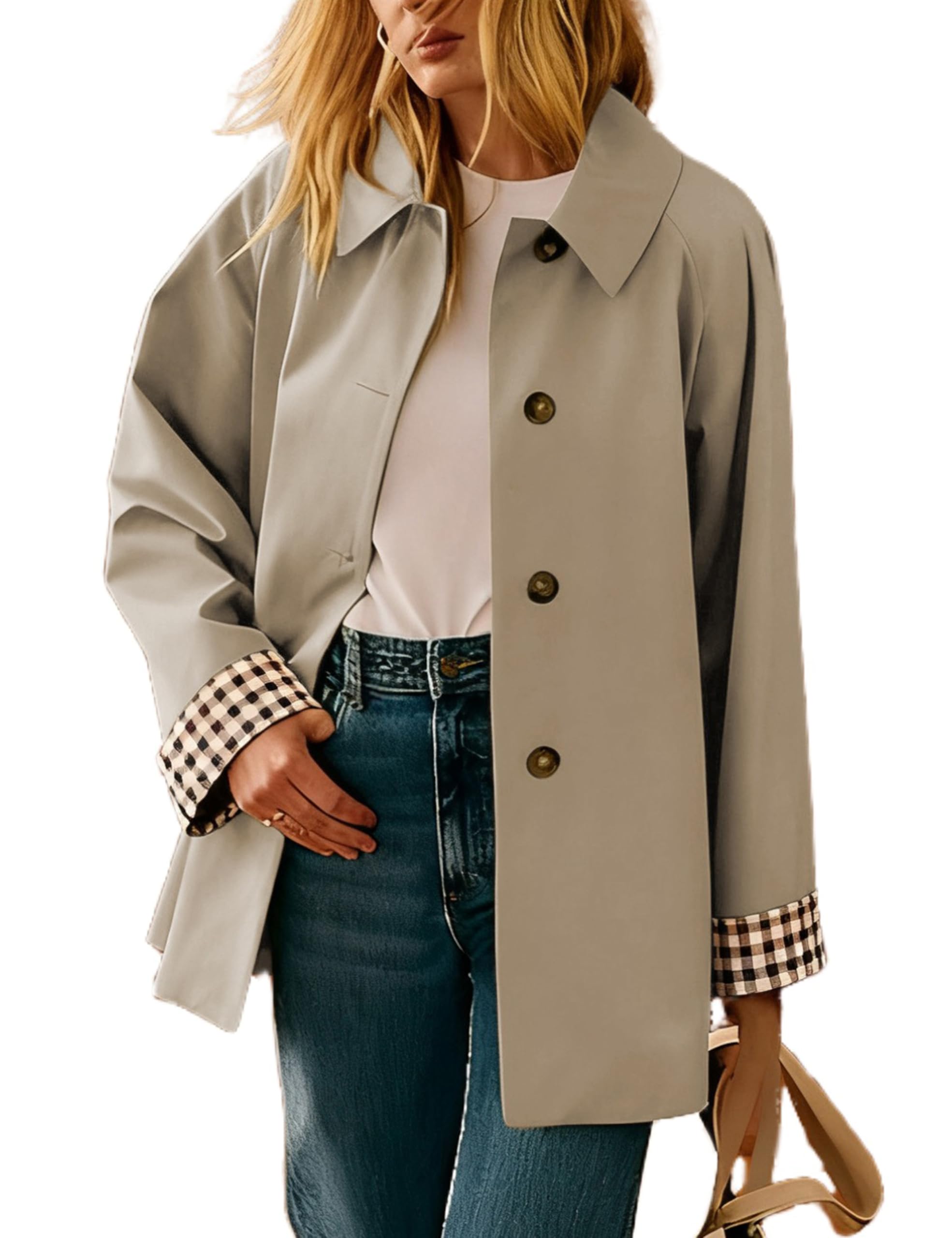 Dqbeng Womens Trench Coat Oversized Button Up Jacket Plaid Lined Classic Outerwear with Pockets