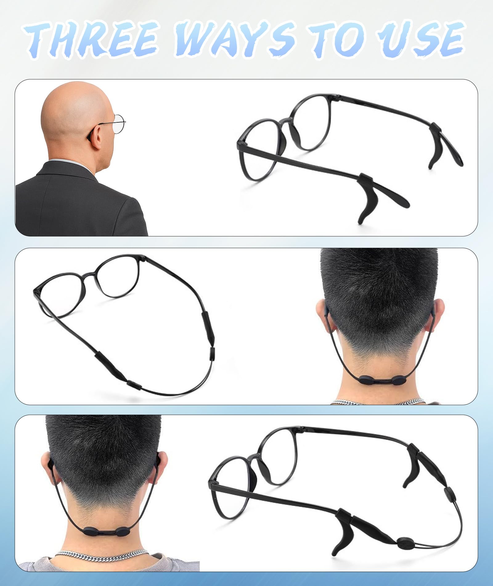 Chuppinz 3 Pcs Black Specs Holder Strap and 3 Pairs Silicone Ear Hooks, Adjustable Sports Band with Silicone Ear Grip, Anti-Slip Eyewear Retainer for Glasses, 35CM Extended Length - Image 5 thumbnail