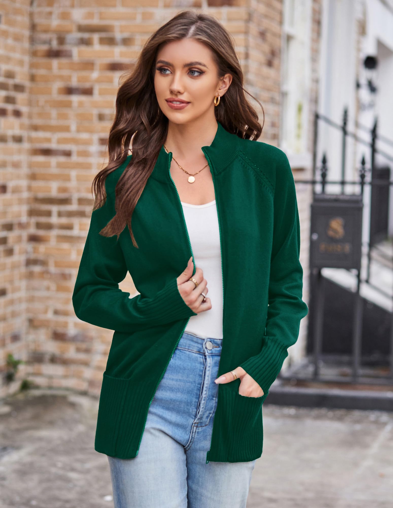 GRACE KARIN Gilet Long Femme Manche Longue Zip-up Cardigan Col Montant Elegant Décontracté
