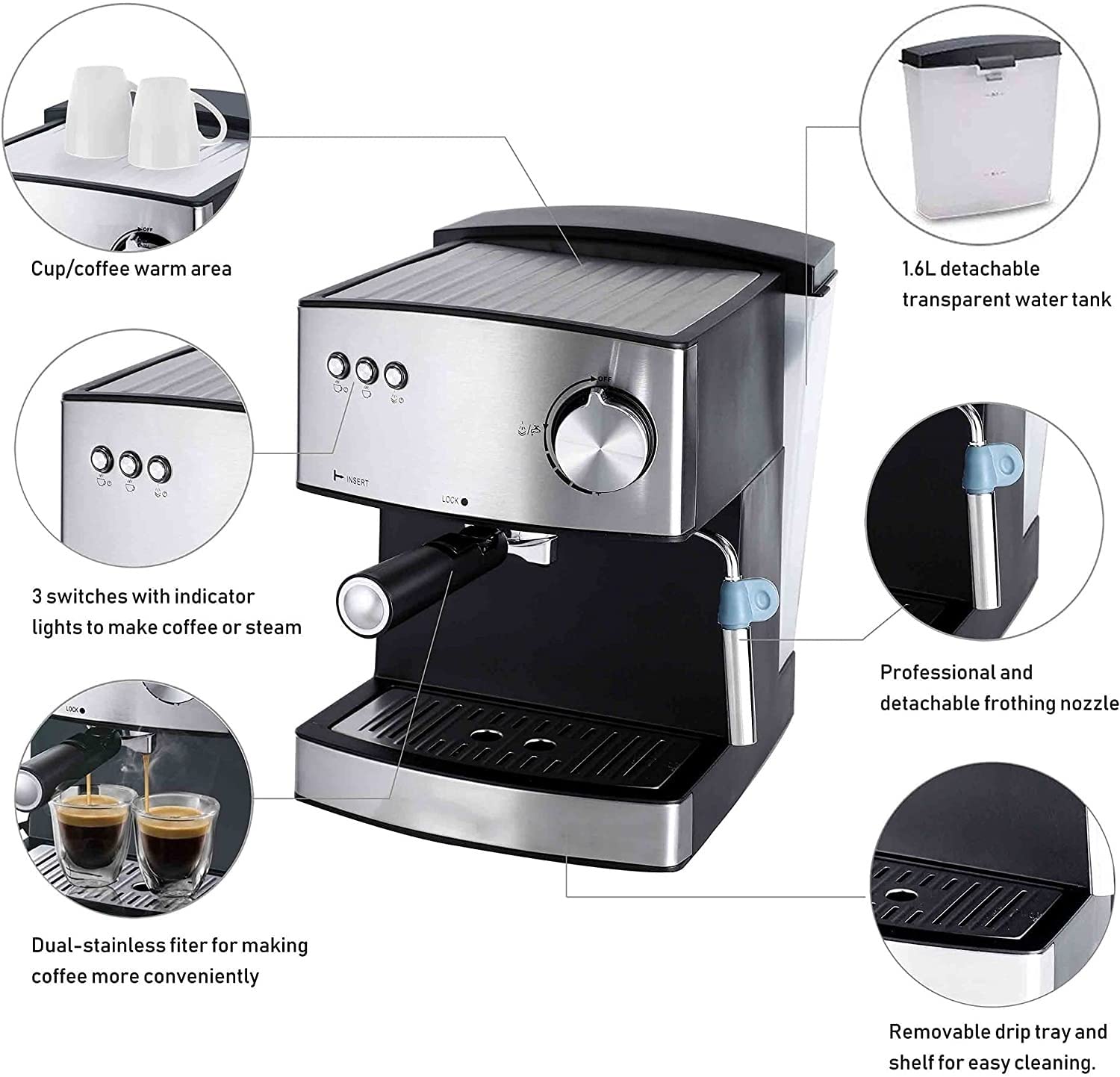 Cafetera Espresso Y Capuchino con Vaporizador De Leche, Compacta Y Profesional, para Café Latte Y Moca, De Acero Inoxidable Cepillado.