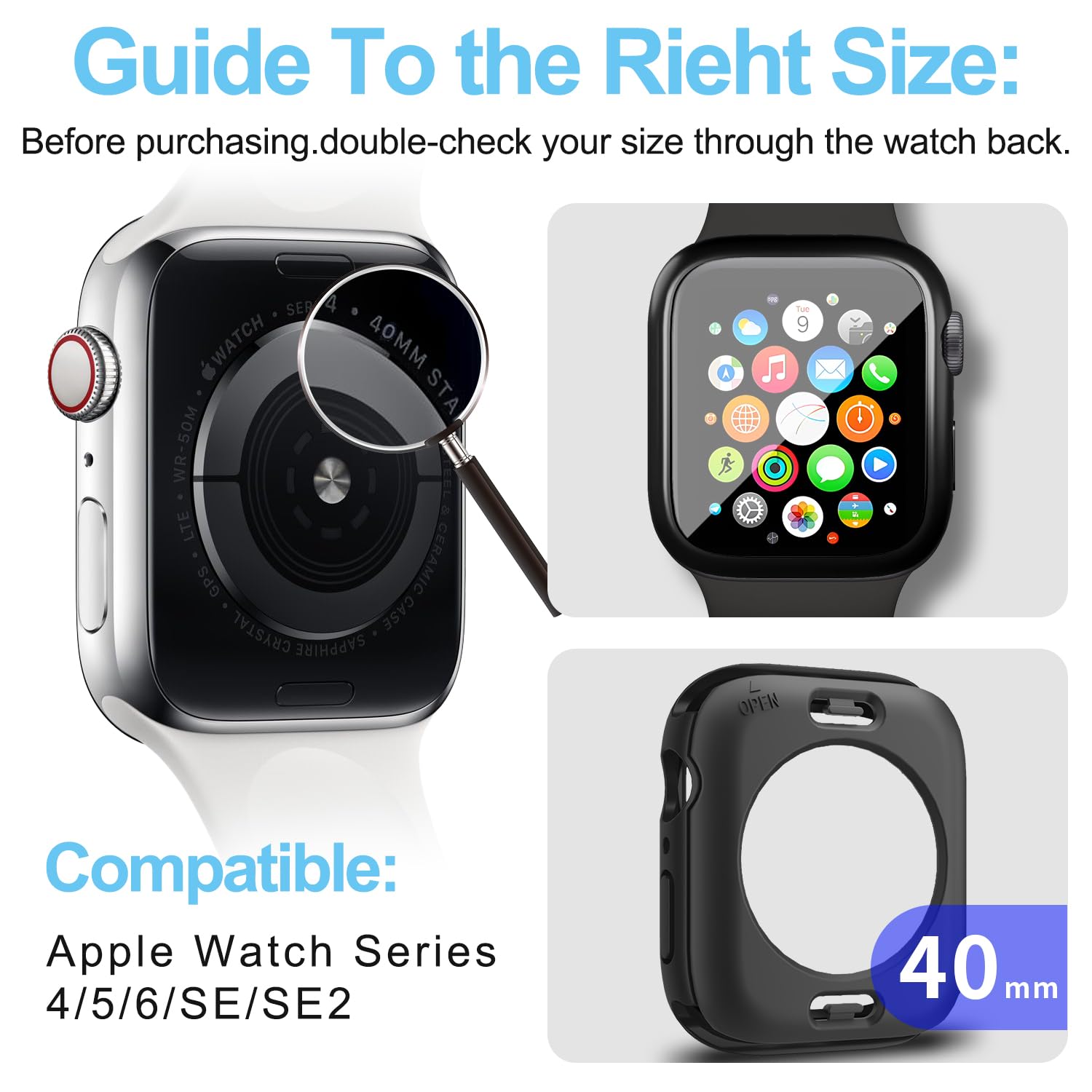 YIJDACASE 3 in 1 Waterproof Case for Apple Watch Screen Protector 40mm Series 4 5 6 SE 2nd Gen Accessories with Tempered Glass Film,Front and Back PC Bumper 360° Protective Face Cover for iWatch 40mm