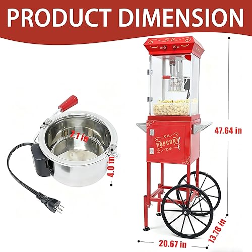 Miniatura 5 de Máquina de palomitas de maíz con carrito y ruedas de 8 onzas, máquina de palomitas de maíz con hervidor de acero inoxidable de 800 W, máquina de