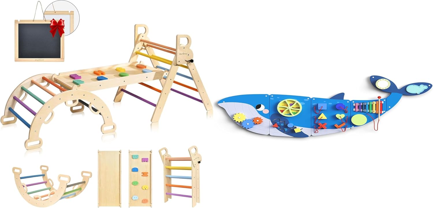 BlueWood Pikler Triangle Set, Whale Wall Busy Board Panels