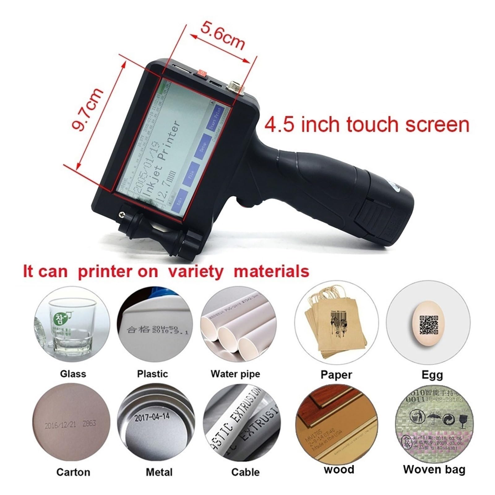 Ręczna drukarka atramentowa, 4,3-calowy ekran dotykowy Przenośna drukarka atramentowa Kod QR/etykiet Atramentowa ręczna USB 12,7 Atrament(1 printer 1 Ink)