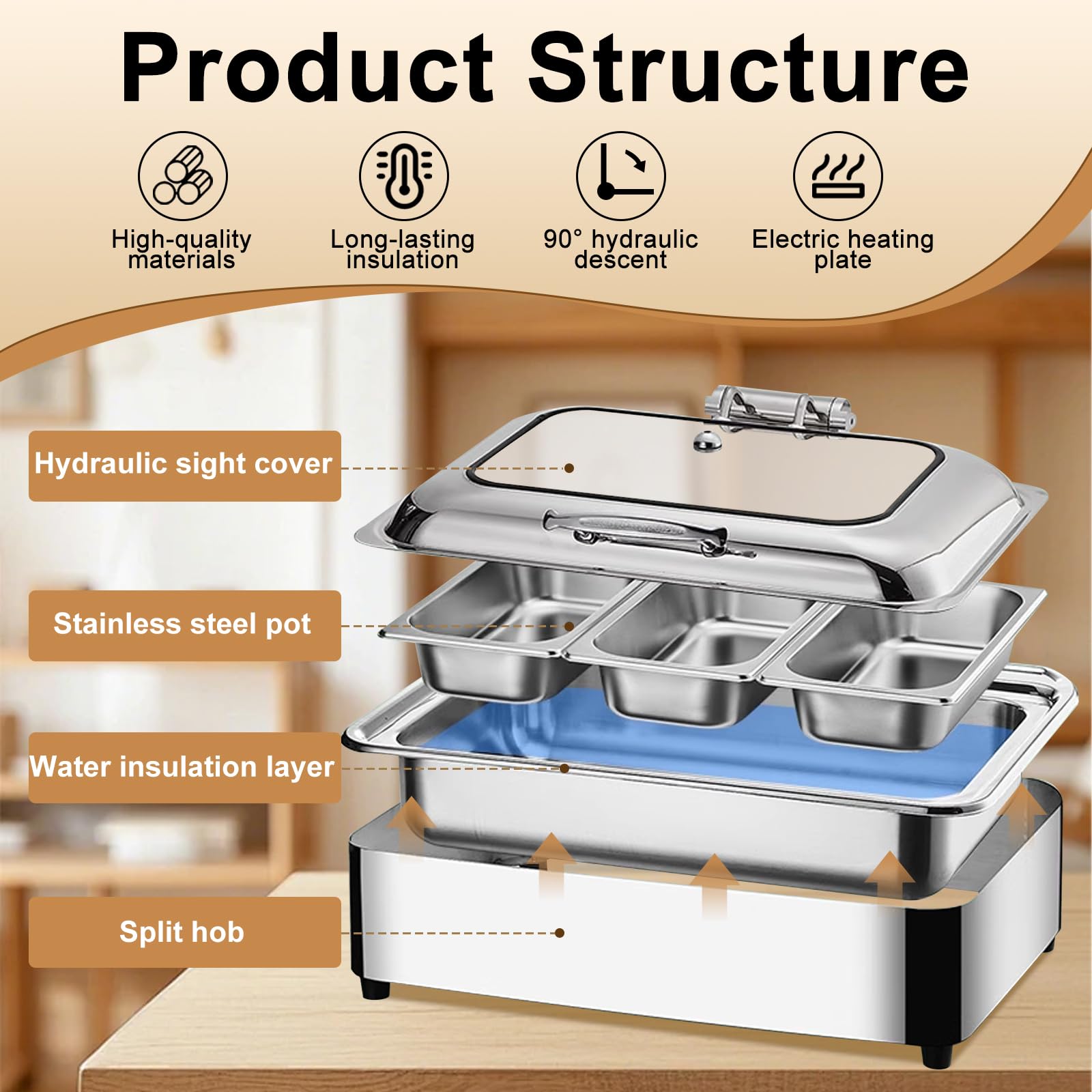Chafing Dish Elettrico, 9L Scaldavivande Buffet Elettrico, Acciaio Inox Scaldavivande Catering Buffet, Scaldavivande Elettrico Ristorante con Coperchio Trasparente per Catering, Party (1/1)