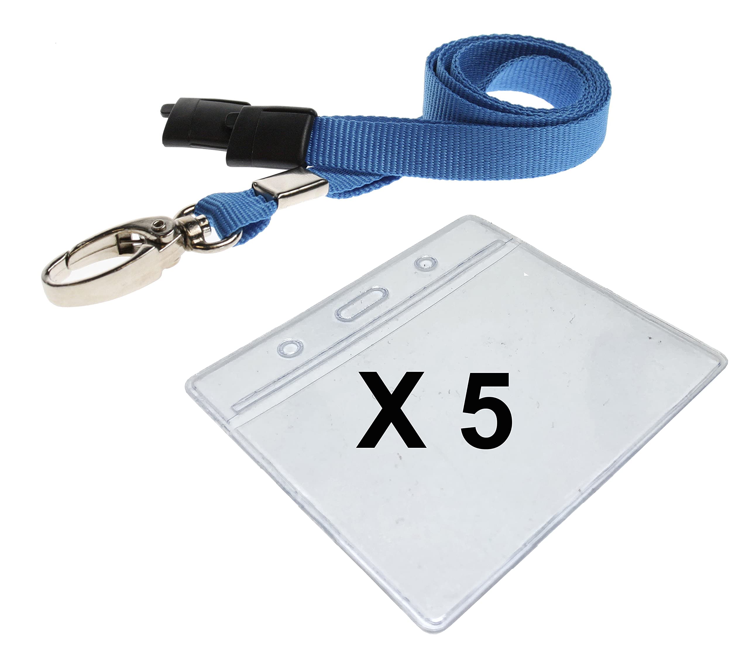 Strong Blue Safety ID Neck Lanyard Metal Lobster Clip & Medium Clear Vinyl ID Card Holder Pocket Pack of 5 Lanyard with Card Holder PCL Media ltd