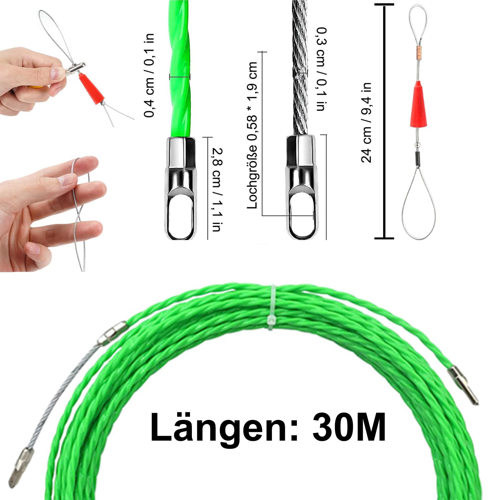 Pomoc do wciągania kabli 30 m, φ 4 mm, drut do wsuwania, spirala do ściągania drutu, taśma rybna, pusta rura do kabla światłowodowego, nadaje się do włókna szklanego, do wciągania kabli (zielony)