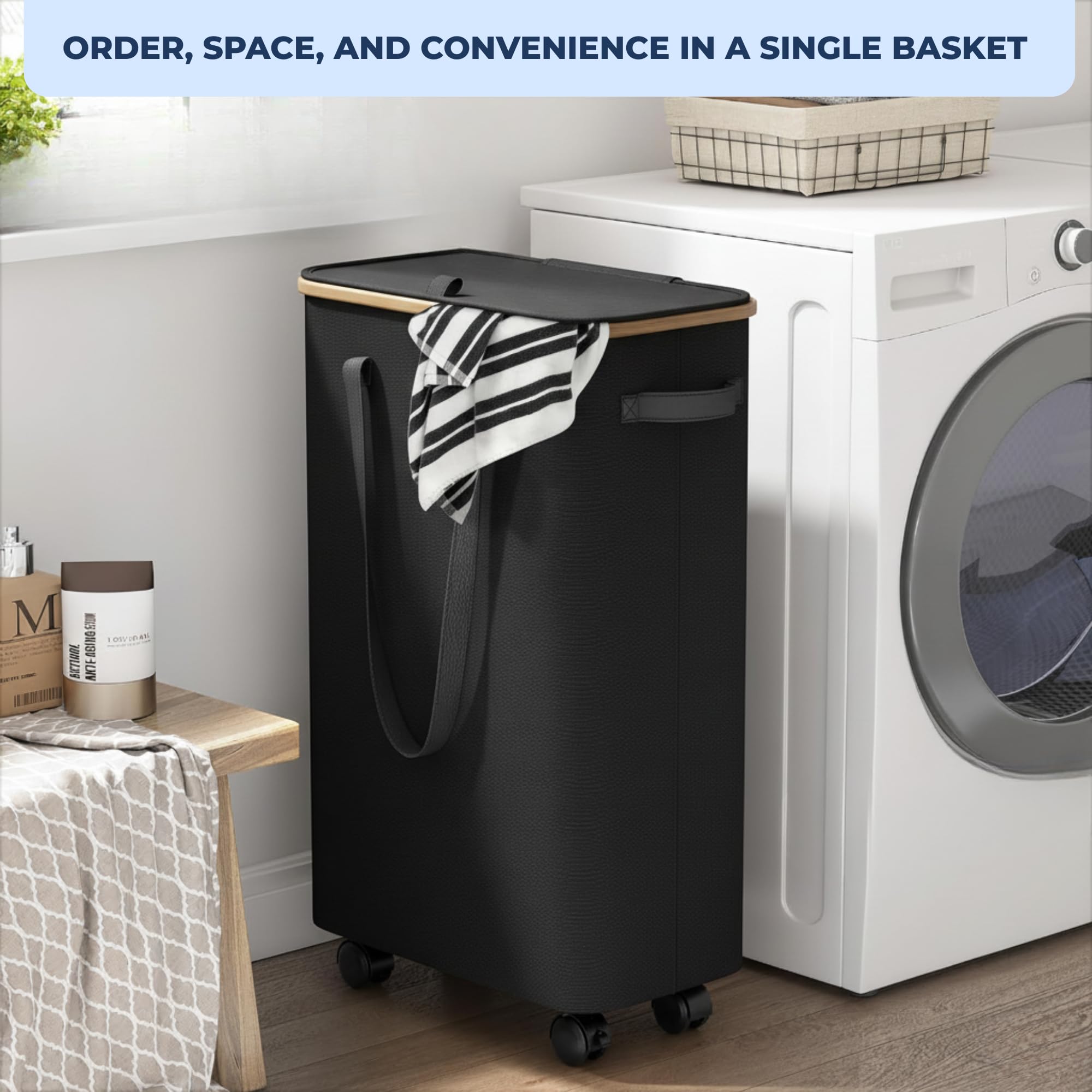 Cesto per Biancheria Sporco con Ruote e Coperchio 70L, Grande Cesto per Bucato Pieghevole con Sacco Interno Rimovibile e Maniglie, Ideale per Bagno, Camera e Lavanderia