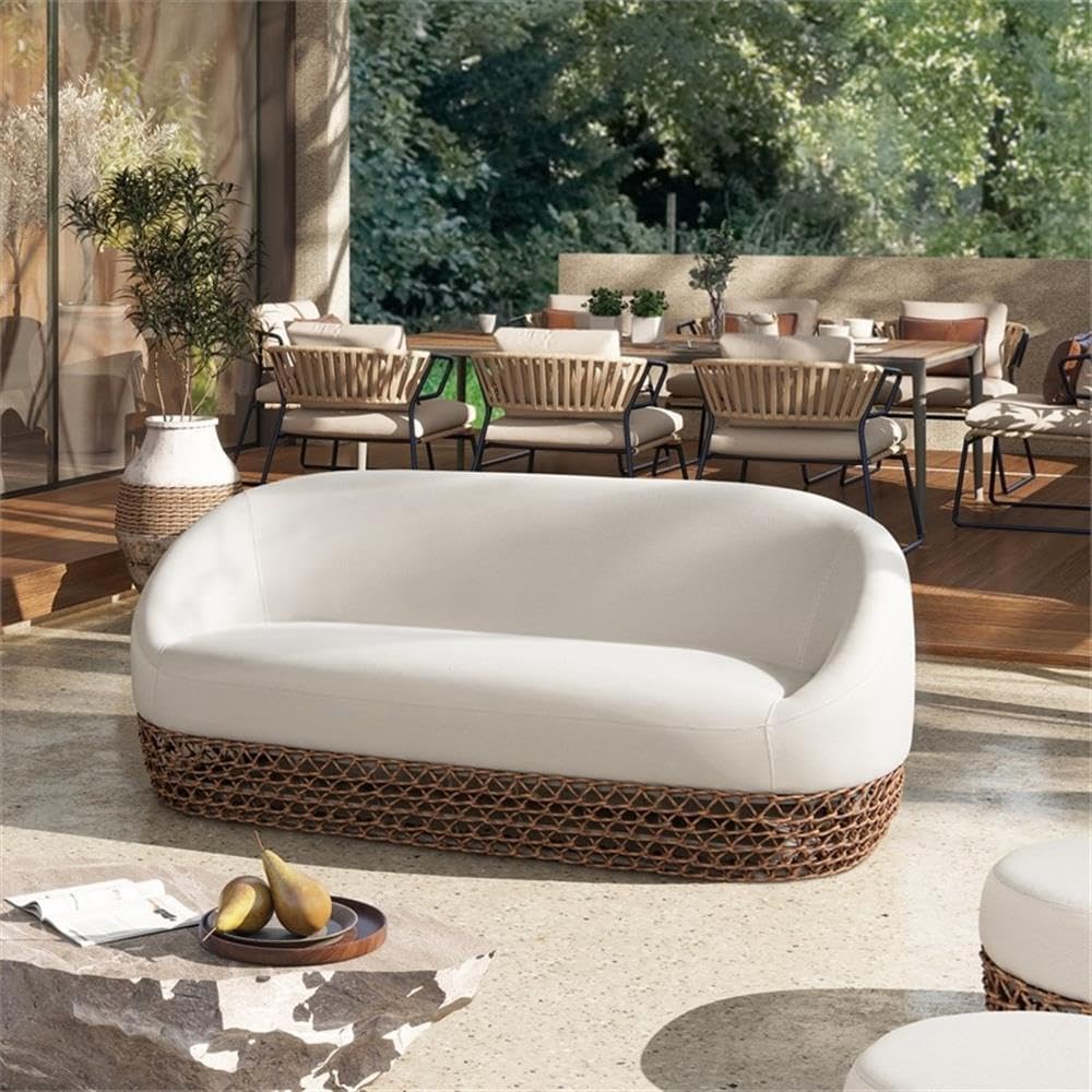 Pemberly Row 71" Upholstered Woven Patio Deep Seating Sofa, Axroma Weather-Resistant Olefin Fabric, Beige Finish, Wicker Frame, Spacious Comfort, Outdoor Sofa for Patio, Deck, Garden or Living Spaces
