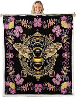 Erosebridal Bee Insects Animal Print Fleece Blanket Twin 60"x80" Vintage Floral Sherpa Blanket Bohemian Purple Flowers Fuzzy Plush Throw for Kids Boys Girls,Botanical Honey Bee Decor for Bed Couch