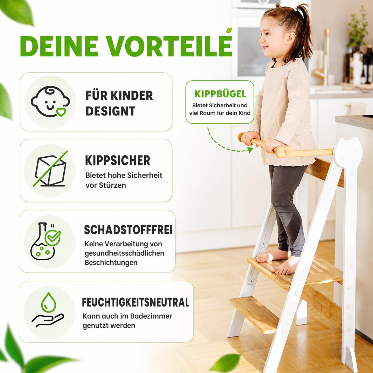Lernturm Montessori aus Bambus, Klappbar, Tritthocker, Schemel für Kinder | Platzsparend, Höhenverstellbar, Kippschutz & Anti-Rutsch-Trittfläche, Für Kinder ab 1 Jahr