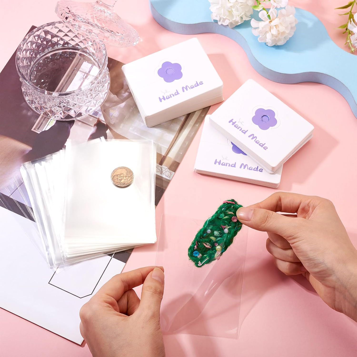 Bestewelry 100Pcs Jewelry Package Bags Small Jewelry Craft Packaging Set with Flower Printed Paper Foldable Header Cards Jewelry Display Bags for Small Business Bracelet Necklace Earring - Lilac image 4