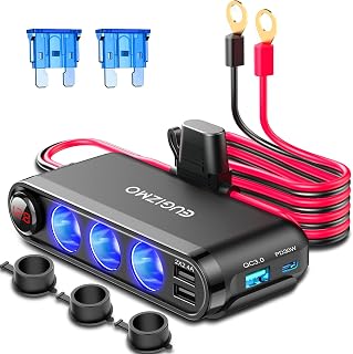 EUGIZMO 12V Cigarette Lighter Splitter 3 Sockets 200W USB PD QC Car Charger with Voltage Display & Eyelet Terminal