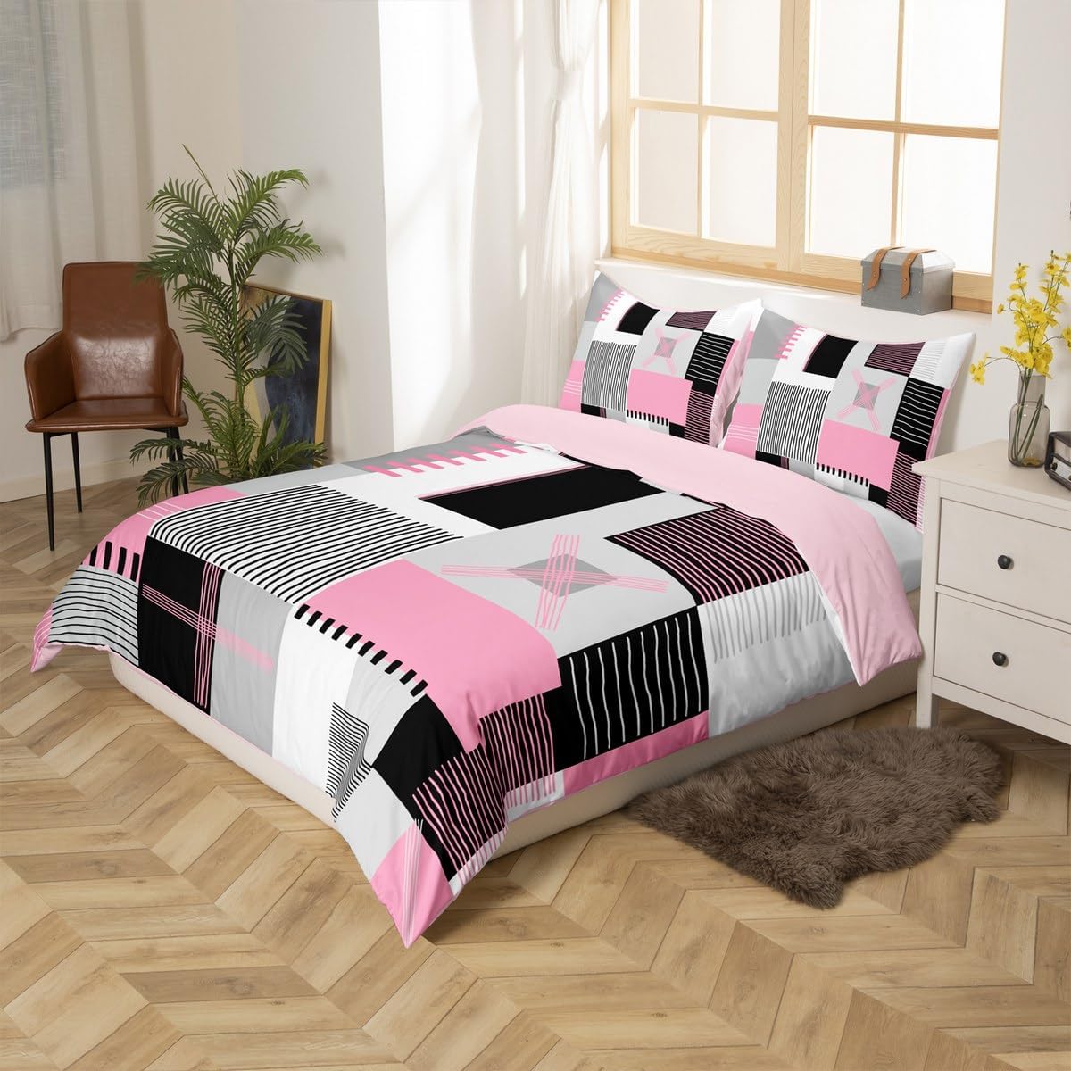 Erosebridal Lime Green Grey Comforter Cover Queen Black White Abstract Bedding Set for Kids Boys Teen Men Geometric Square Duvet Cover Grids Checkered Bed Set Modern Fashion Room Decor 3 Pcs