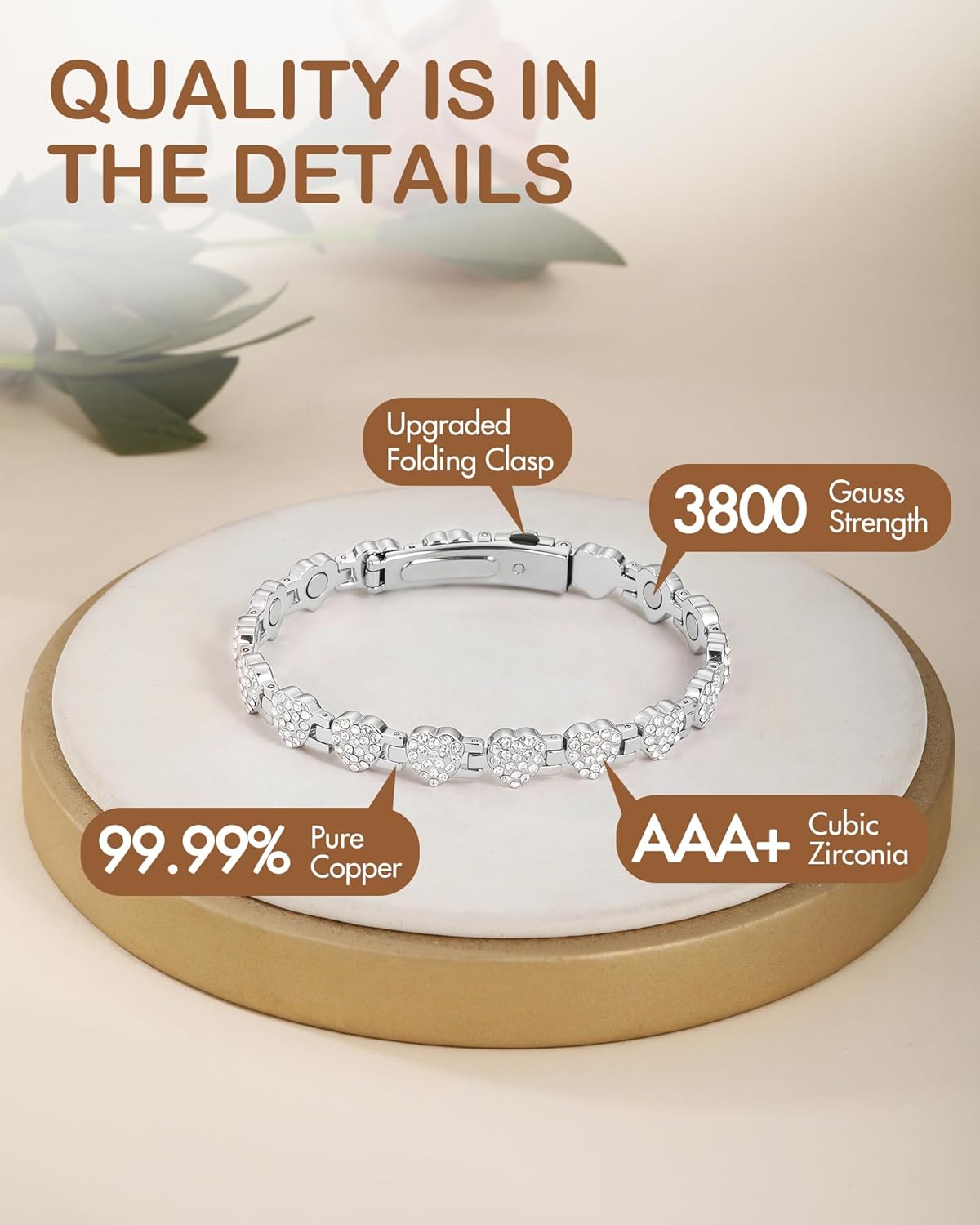 Feraco Copper Bracelets for Women, Ultra Strength Magnetic Bracelet with 3800 Gauss Neodymium Magnets & Dazzling Cubic Zirconia, 99.99% Pure Copper Jewelry Gift, Heart Shape - Image 2