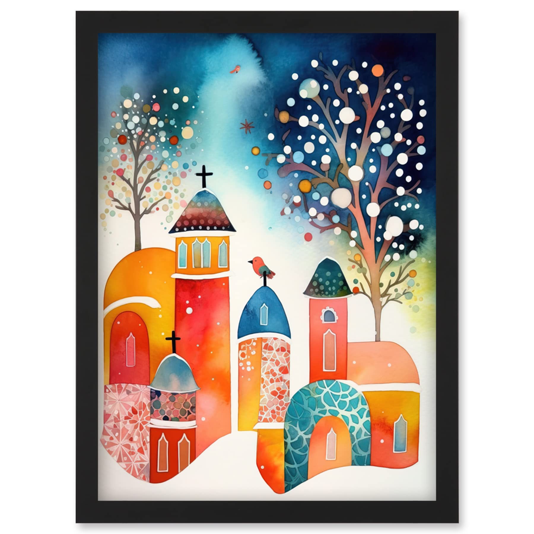 Artery8 Winter Churchyard Snowfall Trees Folk Art Artwork Framed Wall Art Print A4
