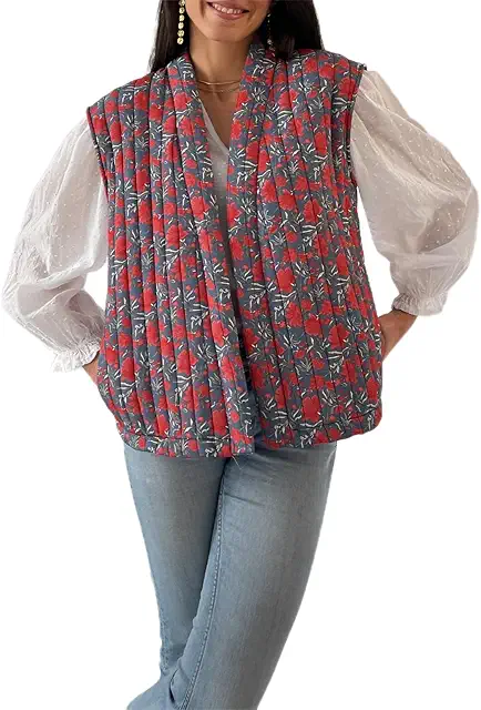Gilet matelassé femme sans manches, imprimé floral, ouvert devant, streetwear