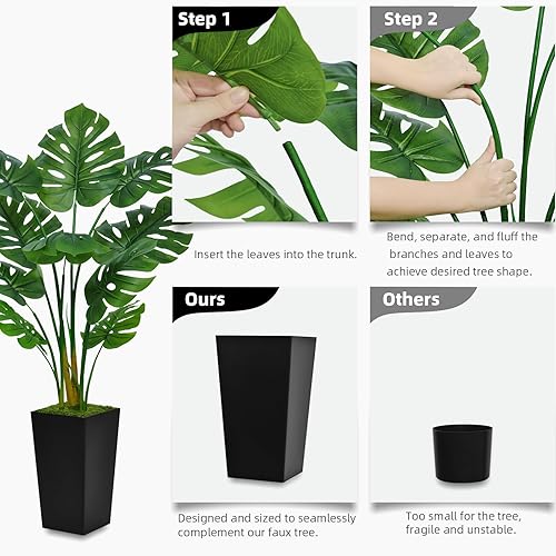 Miniatura 5 de ASTIDY Planta artificial Monstera Deliciosa de 5 pies, palmera tropical sintética con maceta alta negra, planta de suelo de queso suizo falso en