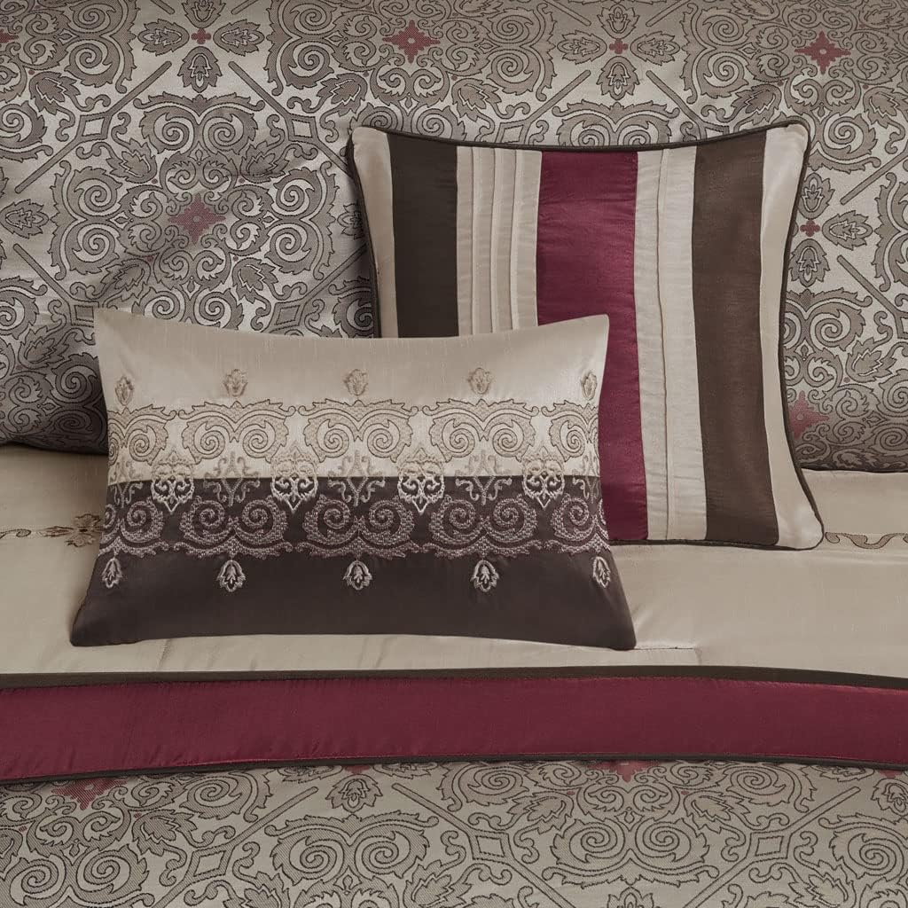 Madison Park Neyson Comforter Faux Silk-Traditional Luxurious Jacquard Design All Season Set, Matching Bed Skirt, Decorative Pillows, and Curtains, Valance, Queen, Red Medallion 12 Piece