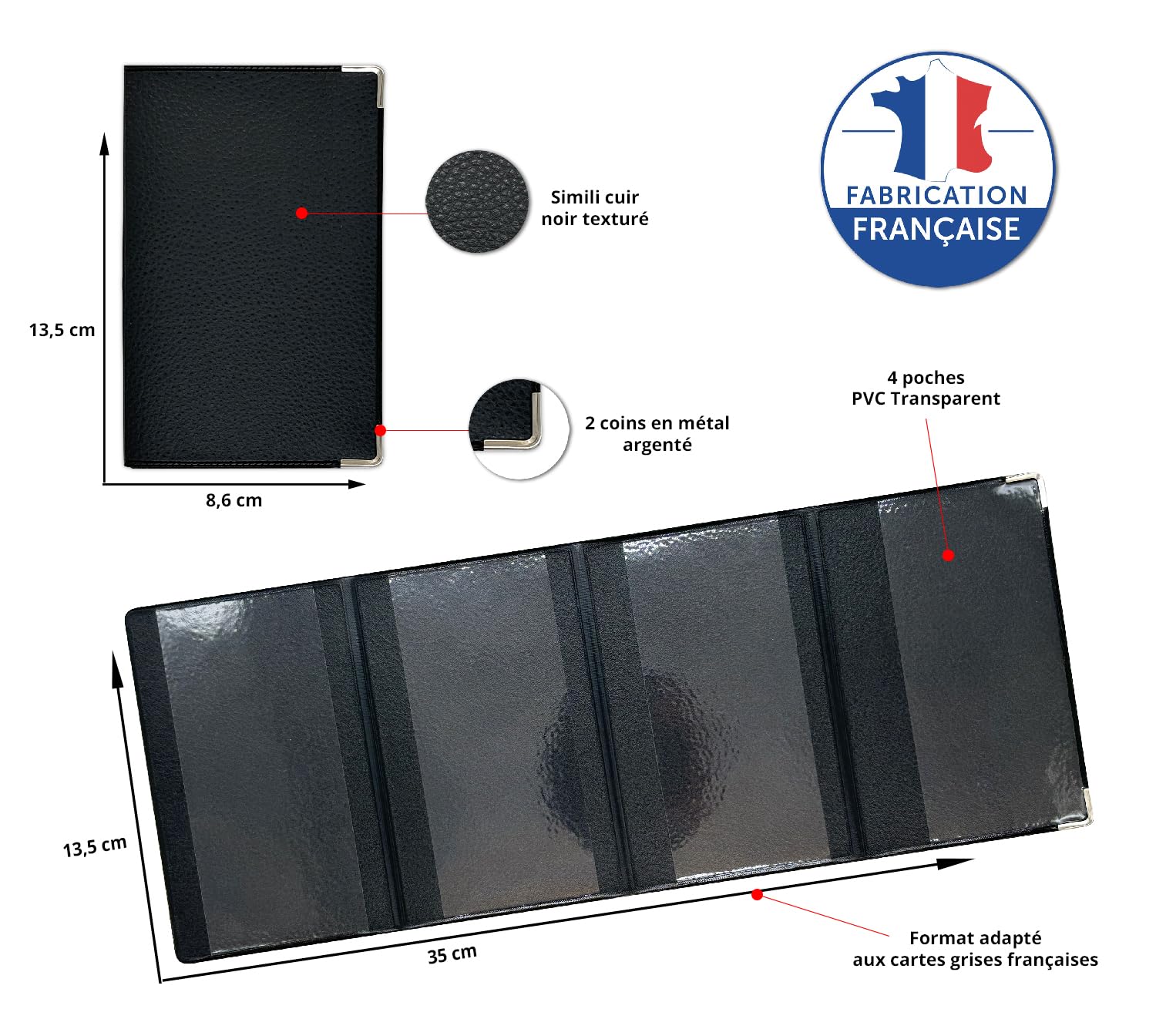 Porte Carte Grise 4 Volets en Simili Cuir – Étui Documents Véhicule, Assurance & Permis – Fabriqué en France – Noir