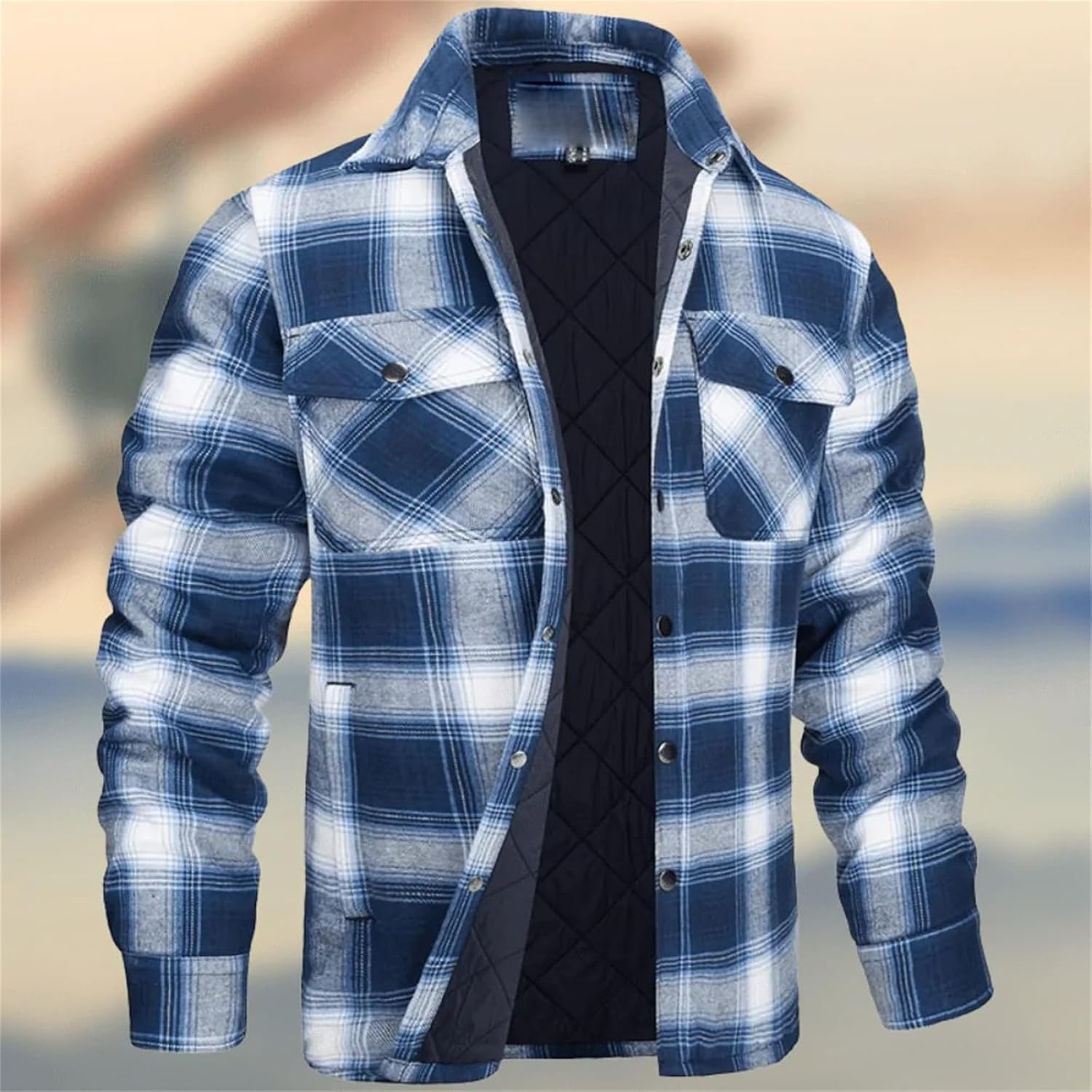 Men's Flannel Shirt Jacket Quilted Lined Long Sleeve Plaid Coat Button Down Thick Outwear Winter Lapel Thickened Shirt