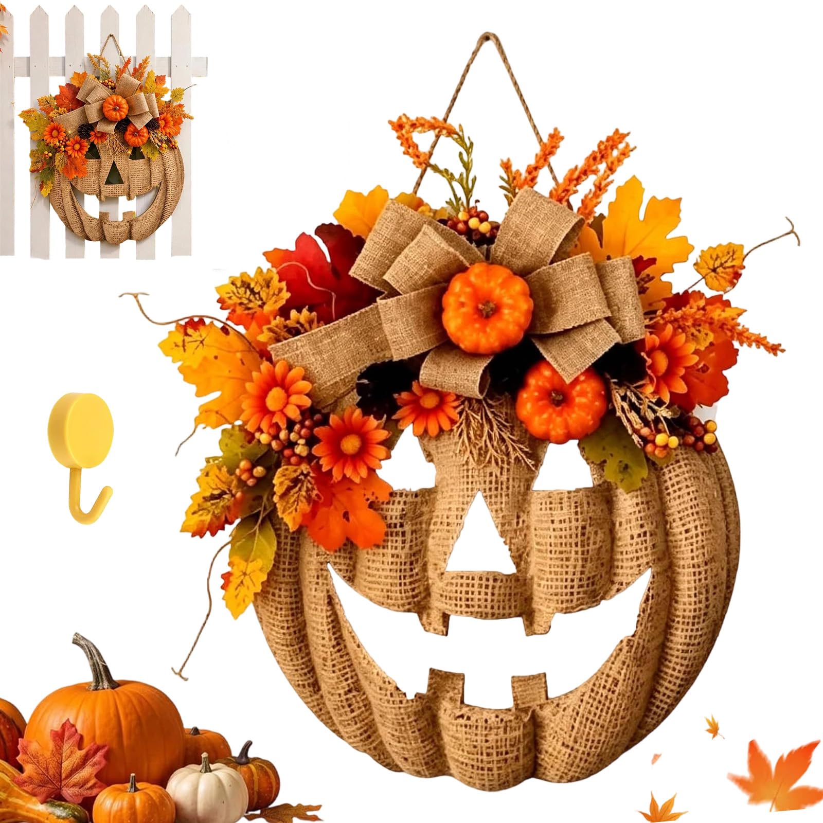 Lighted Burlap Pumpkin Wreath, Halloween Garland Patchwork Adorned with Remote Control, Halloween Farmhouse Fall Harvest Wreath for Indoor Outdoor Wall Porch Home Door (1pc,Without Lights)