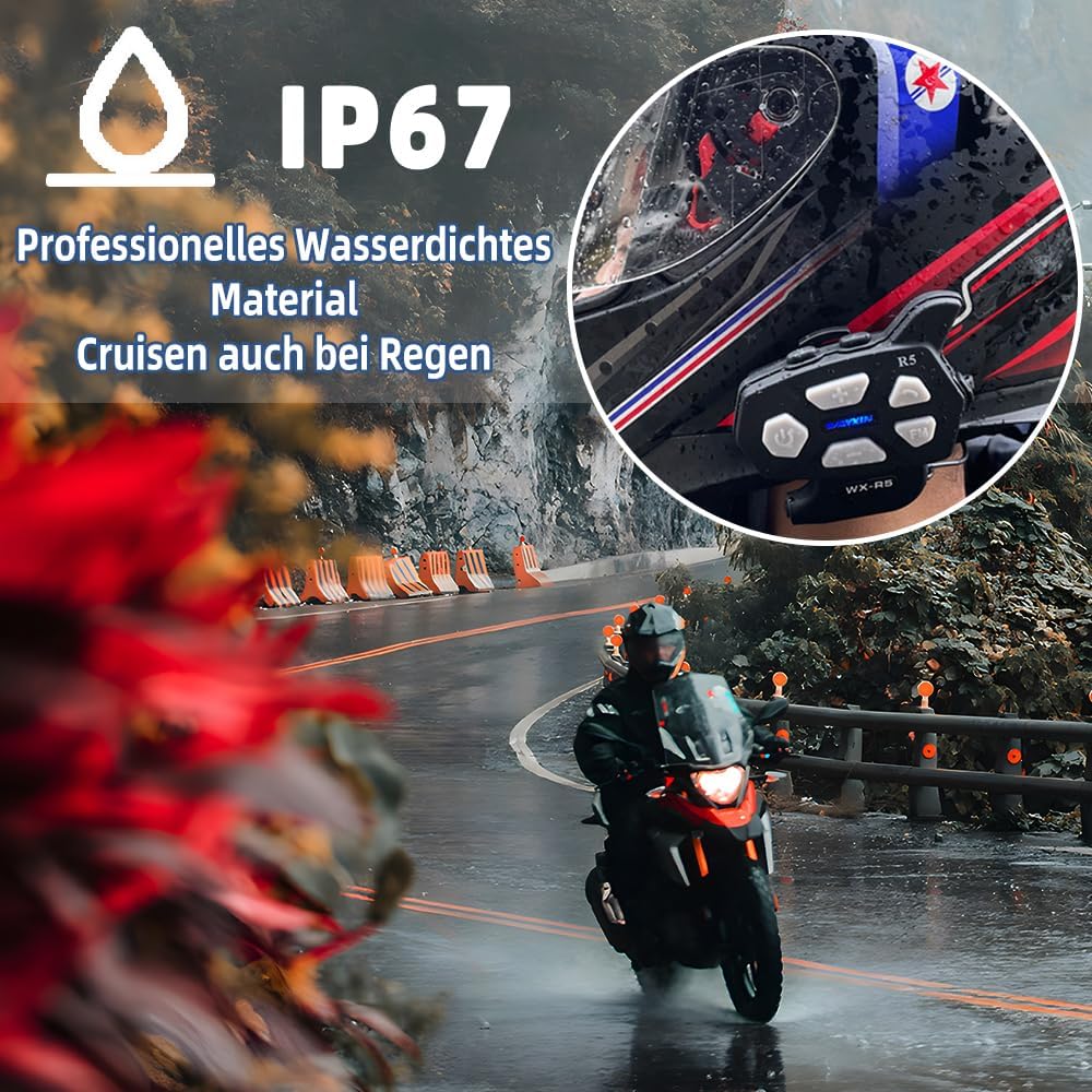 A motorcyclist riding in the rain, with an inset showing the WAYXIN R5 unit on a helmet, highlighting its IP67 waterproof rating.