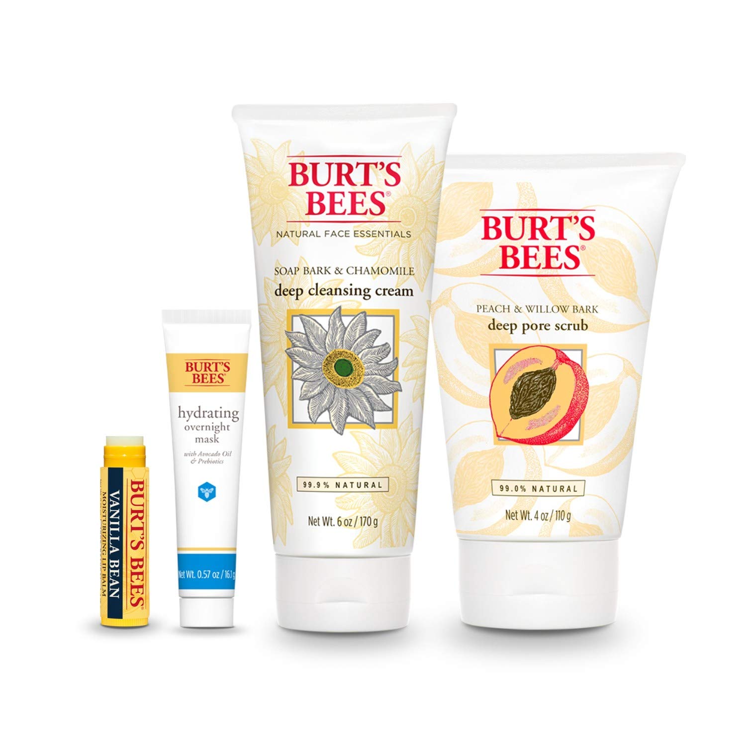 Burt’s Bees Holiday Gift, 4 Face Care Stocking Stuffer Products, Skin Care Essentials Set - Deep Cleansing Cream, Deep Pore Scrub, Hydrating Overnight Mask & Vanilla Bean Lip Balm (Old Version)