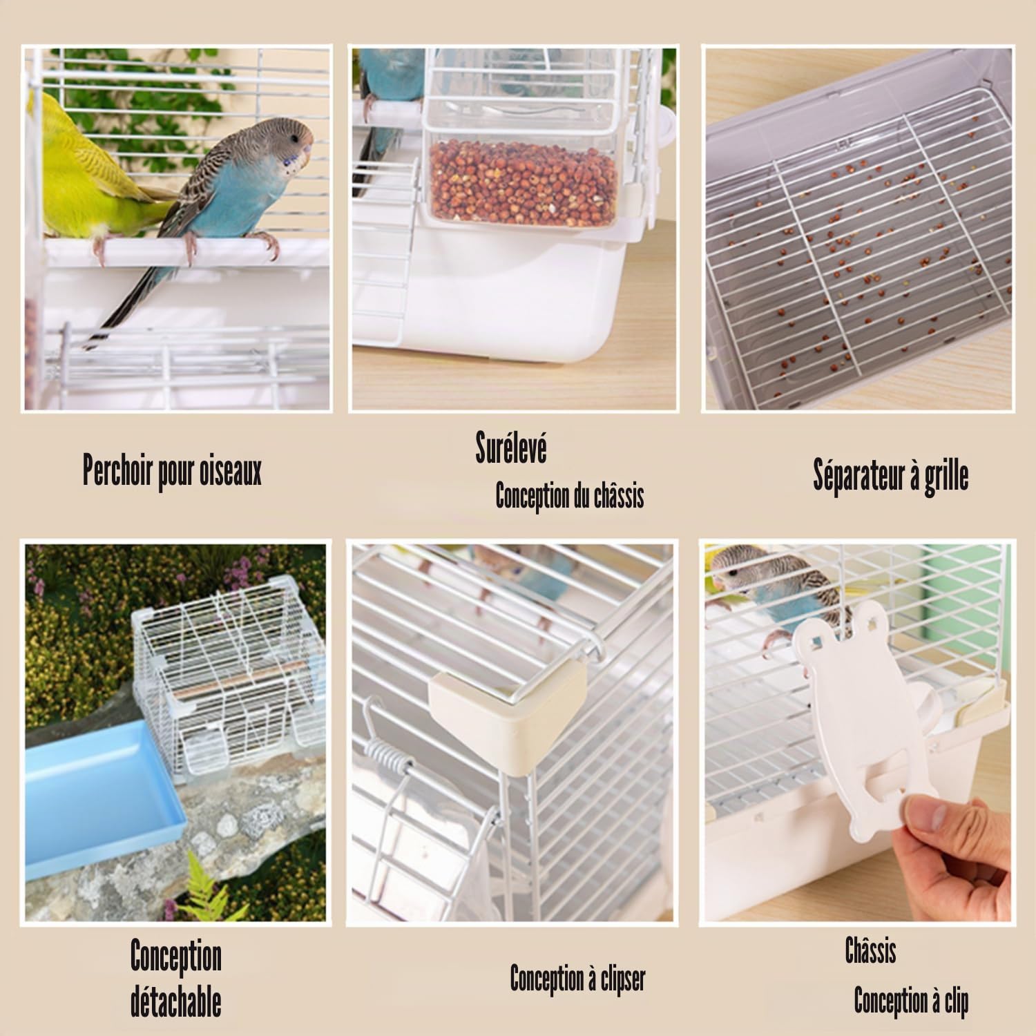 Transporteur Portable pour Petits Oiseaux Cage de Voyage pour Oiseaux avec Mât Debout Boîte à Repas pour Perroquets Perruches Cacatoes Cage à Oiseaux Portable avec Bretelle, Gris
