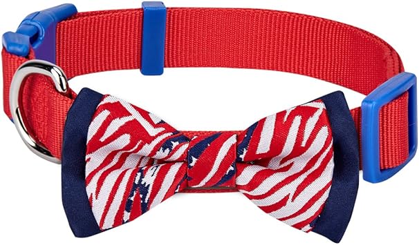 Blueberry Pet 2 Patterns Patriotic Spirits American Flag USA Adjustable Bowtie Red Dog Collar - Handmade Bow Tie w/Jacquard Weave Fabric, Small, Neck 12"-16"
