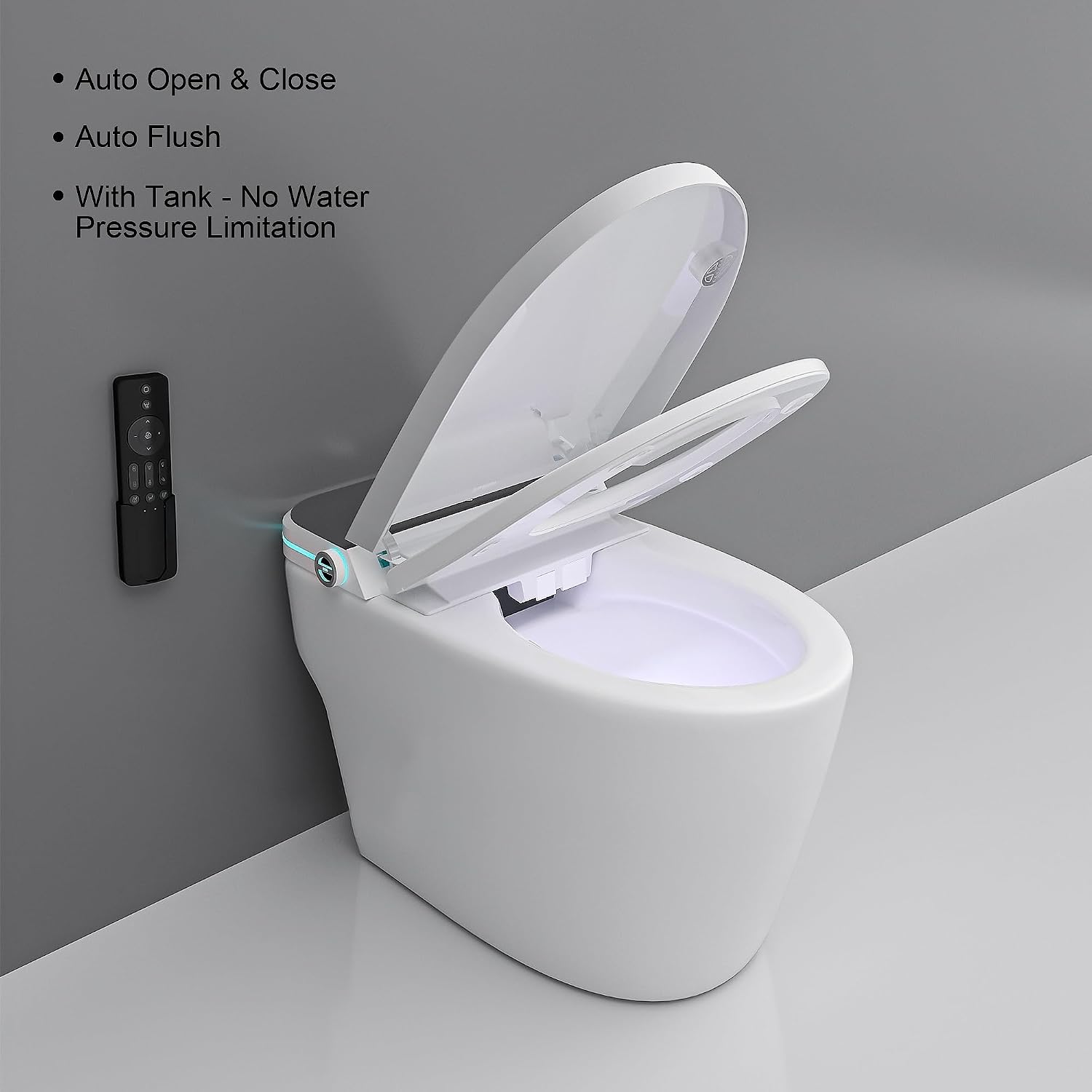 Smart toilet with lid open, showing internal lighting and a remote control mounted on the wall.