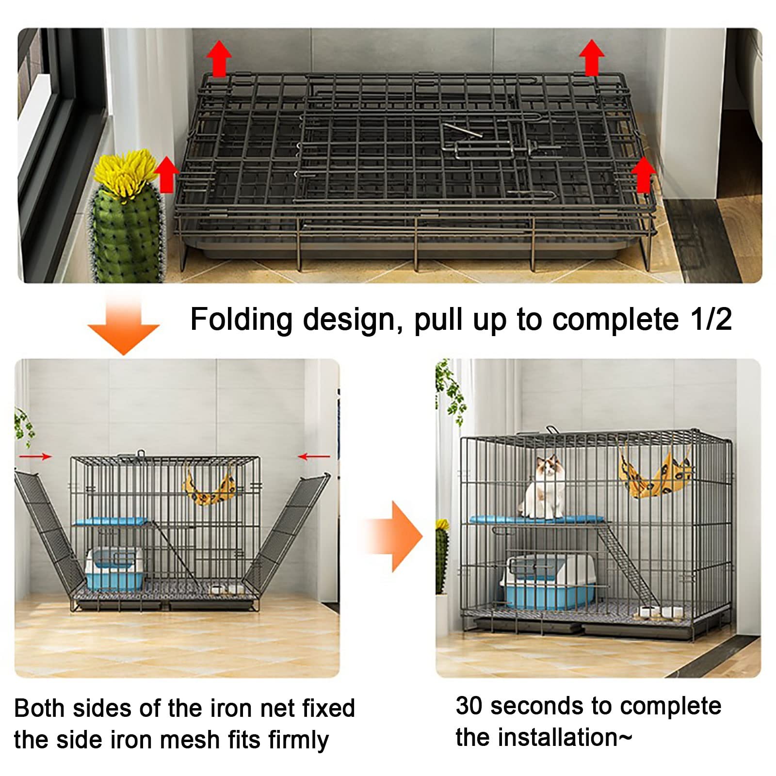 Jaula para Gatos Jaula para Gatos Jaula para Mascotas Perro Gato Cachorro Entrenamiento Caja Plegable de Metal para Perrera con Bandeja, fácil de Transportar y Transportar (Color: Negro, Tam
