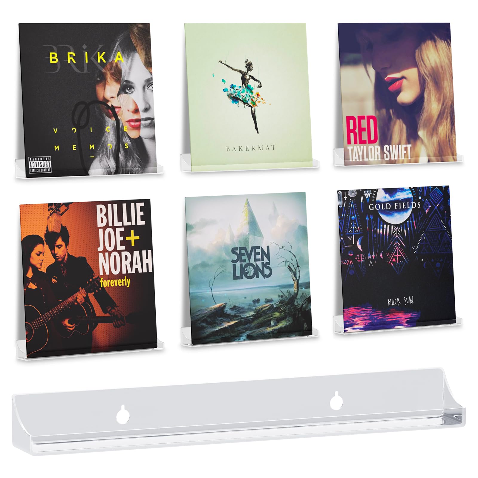 bruwaa 6 Pack Floating Shelves for Vinyl 12 inch Clear Acrylic Vinyl Record Holder Storage Shelf Display