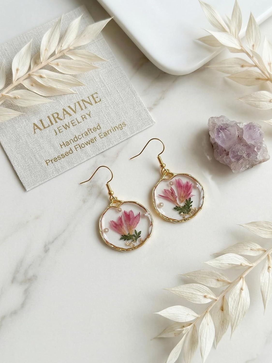 Real Flower Earrings for Women, Christmas Jewelry Gifts, Handmade with Delicate Pressed Flowers, Meaningful and Elegant Present for Her, Boho Nature-Inspired Earrings