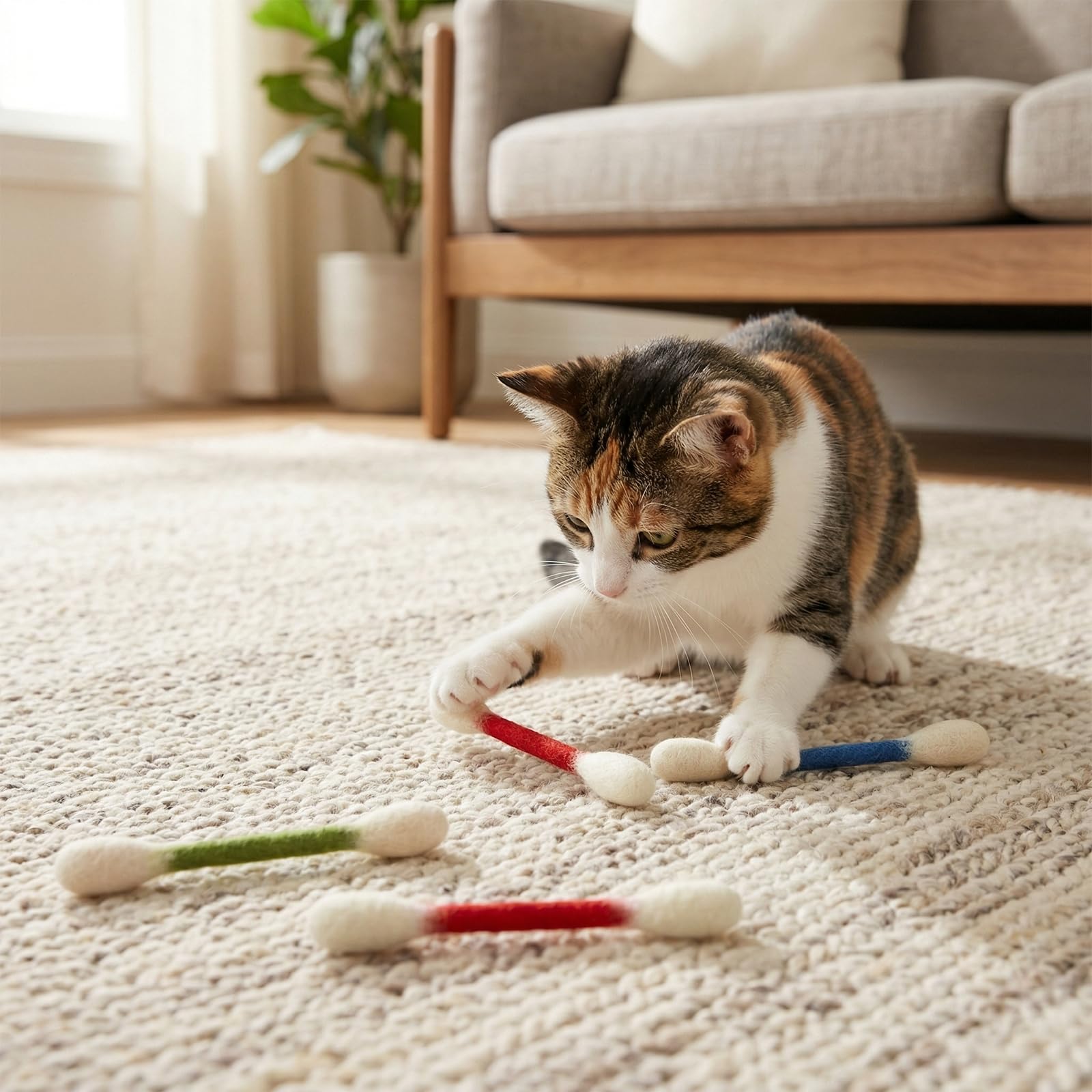 Cotton fioc Giocattoli per Gatti con Erba Gatta, Confezione da 6 Bastoncini Giganti per Masticare i Cuccioli, Giocattoli Interattivi in Feltro, Corda per Denti Resistente, Ideali per Gatti Interni