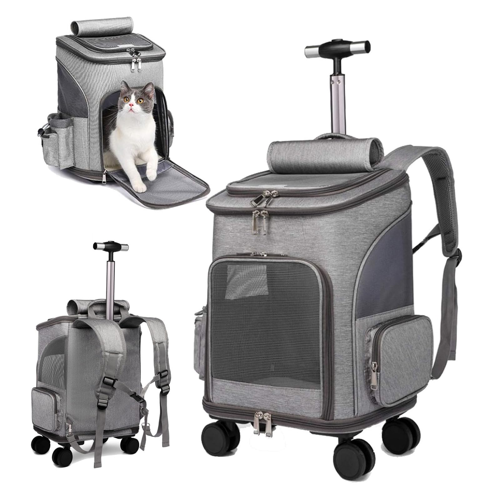 RUYICZB Wheeled Pet Carrier Backpack,Breathable Pet Carrier with Wheels,Comfort Cat Backpack with Removable Rolling Wheels for Small Dogs Cats Puppies,Light gray — image 1