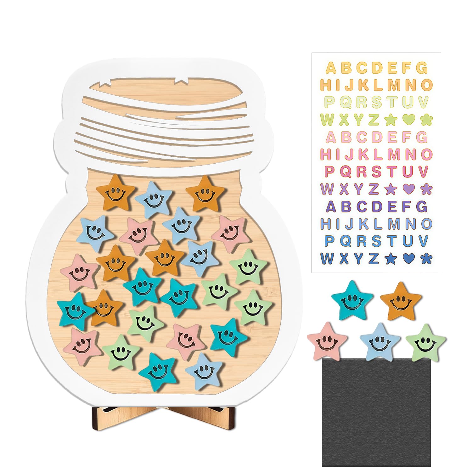 GROVBLE Reward Glass Reward Board Children Magnetic Reward System Children Reward System Primary School with Wooden Holder and 25 Stars for Classroom Home Learning Office Primary School Teacher