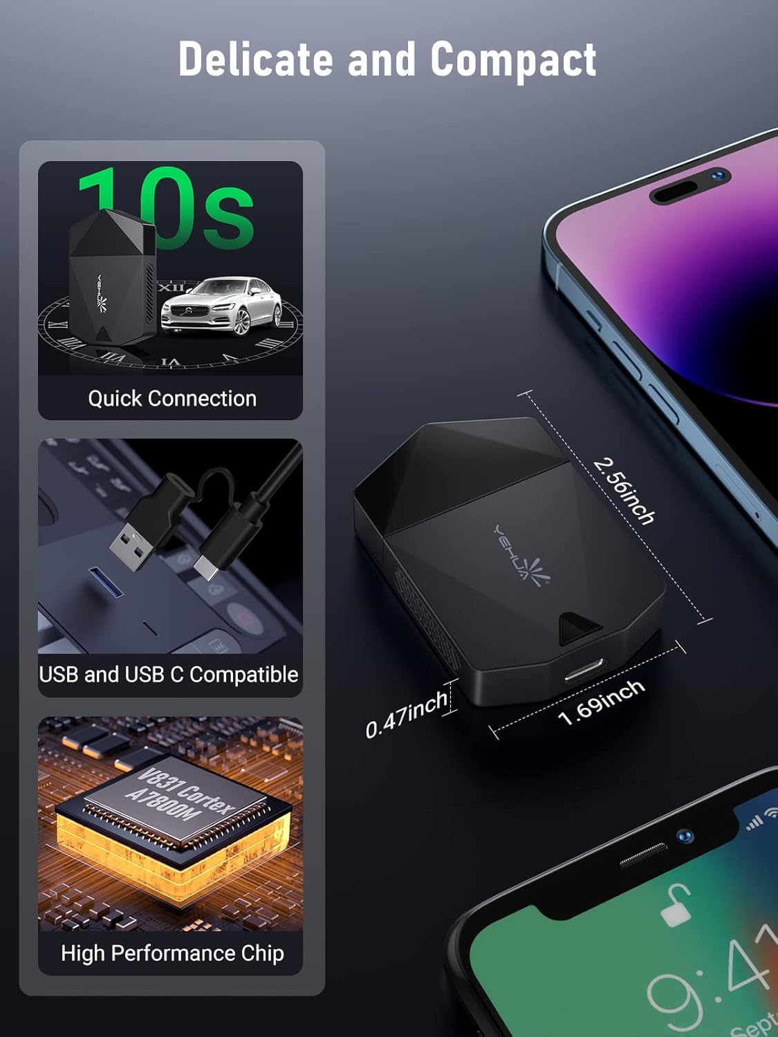 Dimensiones y chip interno del adaptador inalámbrico CarPlay de YEHUA