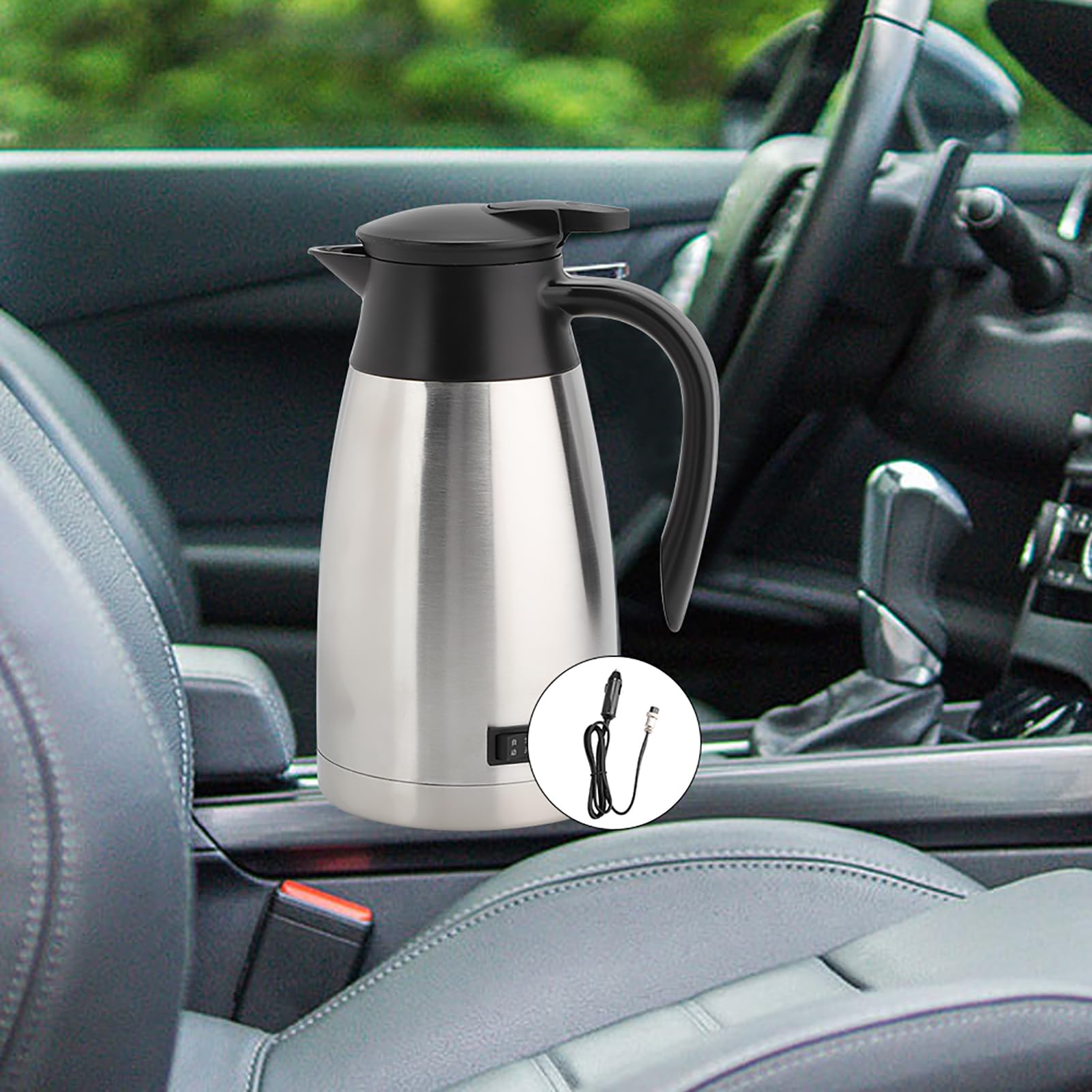 Generic Hervidor Eléctrico Universal para Coche, Calentador de Agua de Viaje de 1000ml para Bebidas Calientes, Diseño Ergonómico de Acero Inoxidable