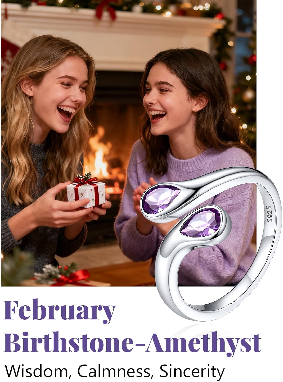 Silvora 925 Sterling Silver Adjustable Ring Wrap Birthstones Open Rings for Women Ring with 2 Pear Shaped Gemstone, Birthstone Ring for Mother - Image 4