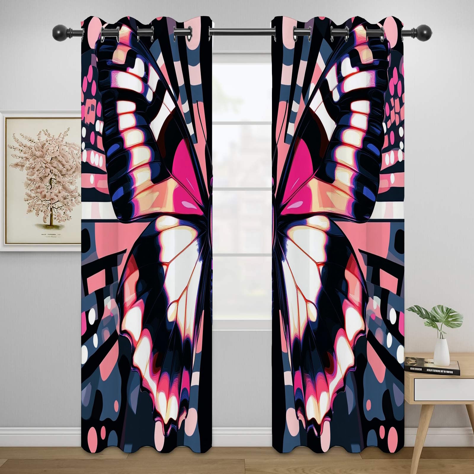 Modern Abstrakt Geometrie Vorhänge Pop rosa schwarz symmetrische Schmetterlinge modisch Schlafzimmer Fenstervorhang-H230 x B130 cm (2er Pack)