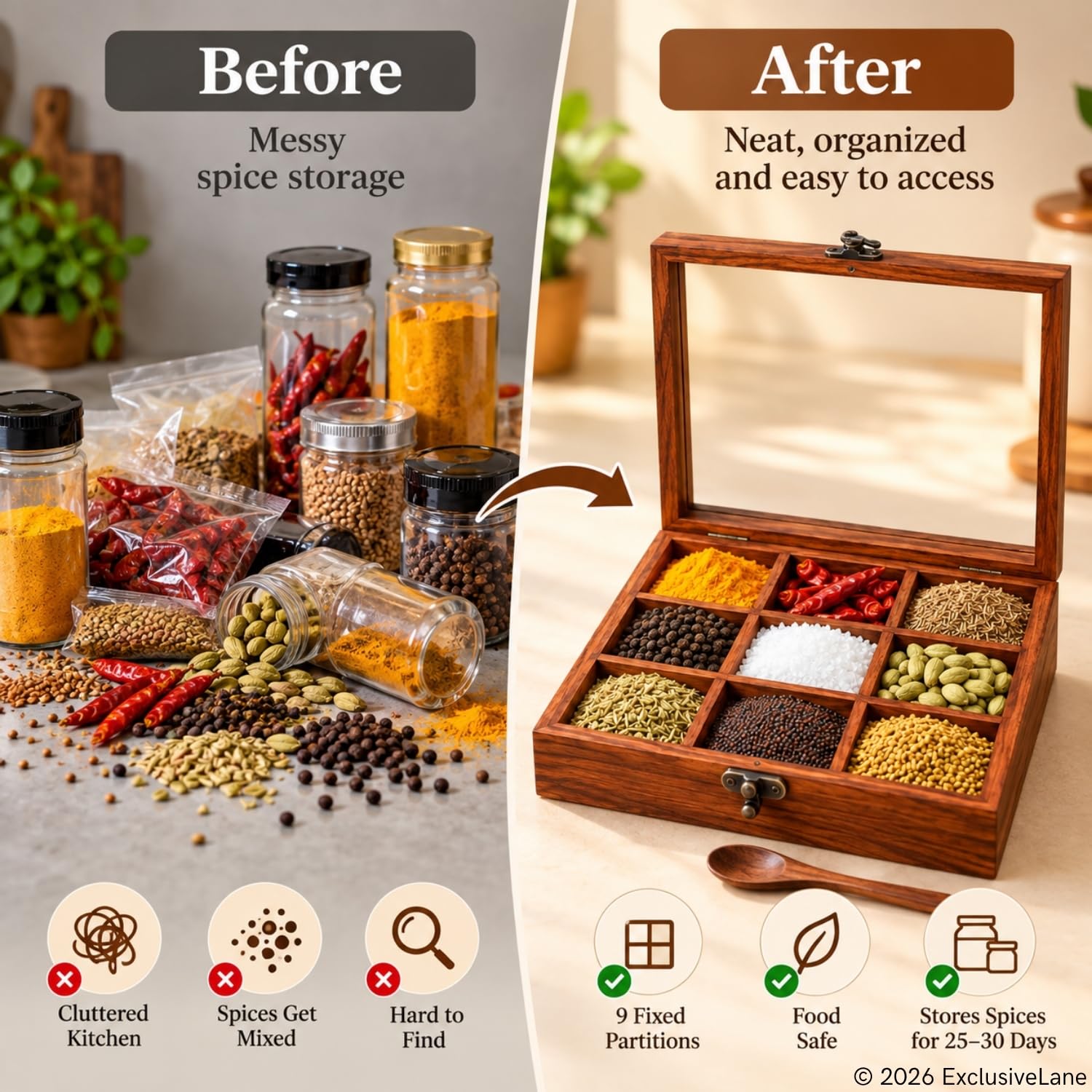 ExclusiveLane Sheesham Wooden Spice Box for Kitchen with Spoon (Non Removable Partitions, 50 ml, Brown) |Wooden Masala Box for Kitchen Dabba Dani Masala Container Spice Box Wooden Namak Masala Dani — Amazon image 6