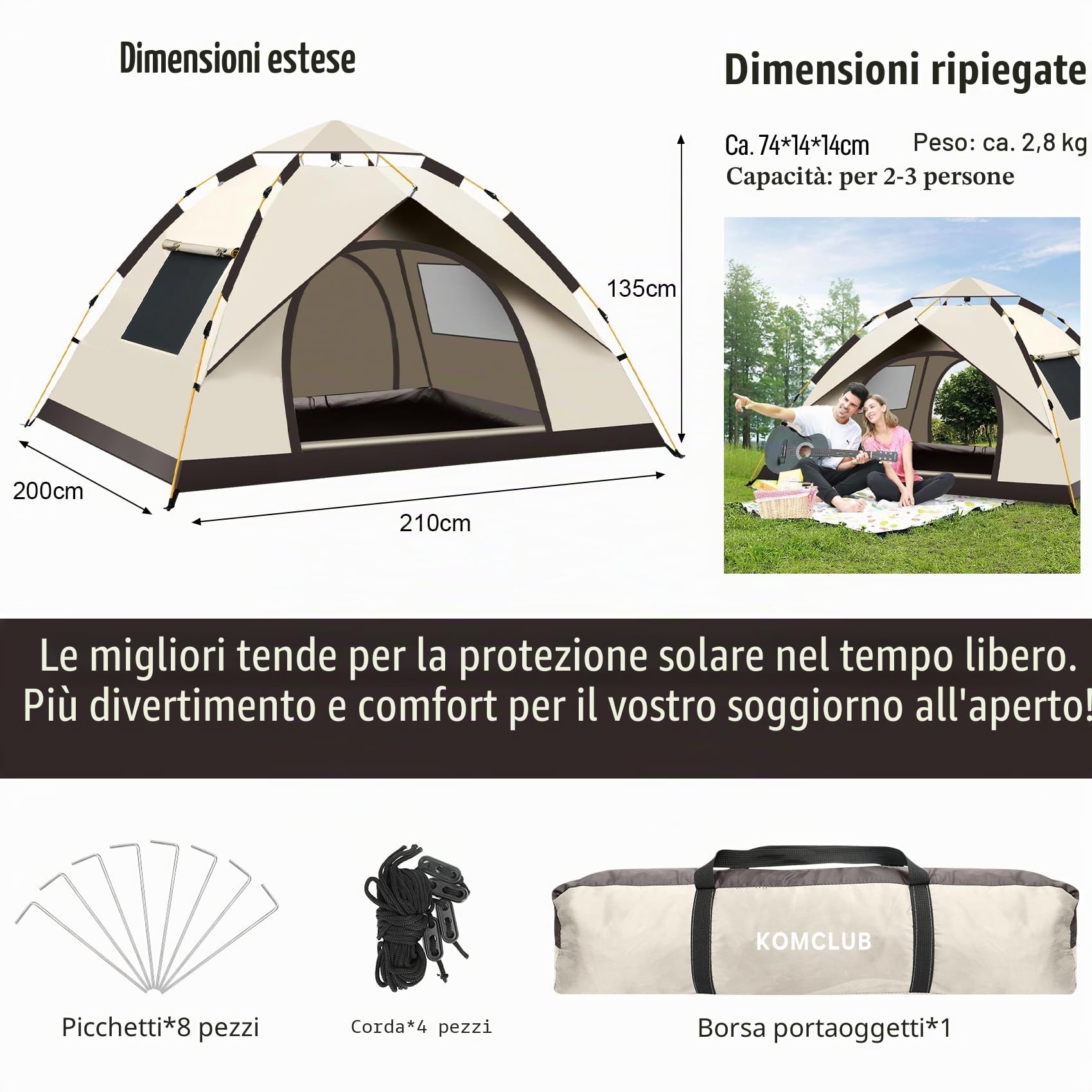 Tenda da campeggio automatica, leggera, per 2-3 persone, impermeabile, antivento, protezione UV, perfetta per spiaggia, viaggi, escursioni, campeggio, caccia, pesca, ecc