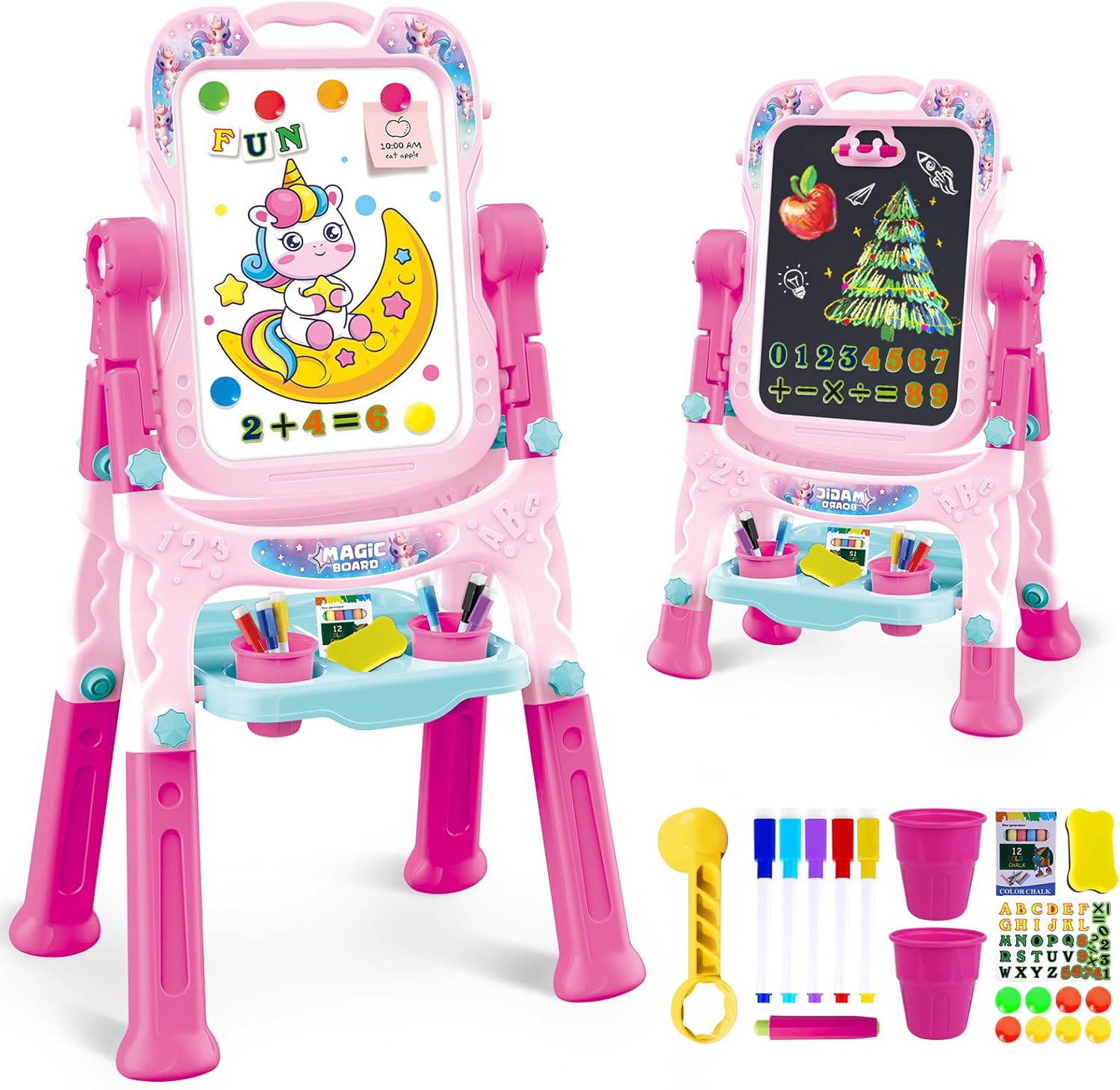 Art Easel for Kids - Adjustable Double-Sided Rotatable Magnetic White Board with Painting Accessories, Preschool Learning Toy for Girls 3-5 Years Old,Ideal Christmas Birthday Gift (Pink)