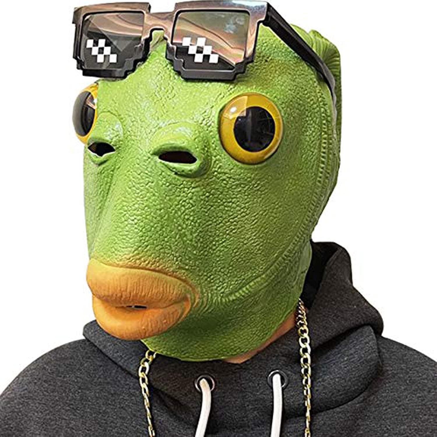 molezu Green Fish Latex Halloween Mask, Funny Animal Head Cover Costume Prop