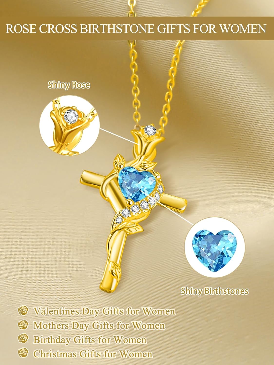 Mothers Day Jewelry Gifts for Mom, Rose Cross Necklaces for Women, 14K/18K/24K Gold/Rose Gold Cross Jewelry with Birthstone Pendant, Birthday Gifts for Women, 18+2 Inch Chain